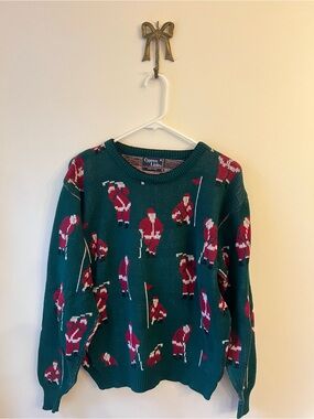 Vintage 90s Cypress Links Golfing Santa Sweater Medium Green Christmas Knit USA